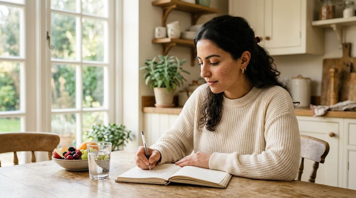 Middle Eastern woman journaling her goals at a kitchen table, inspired by weight loss success stories