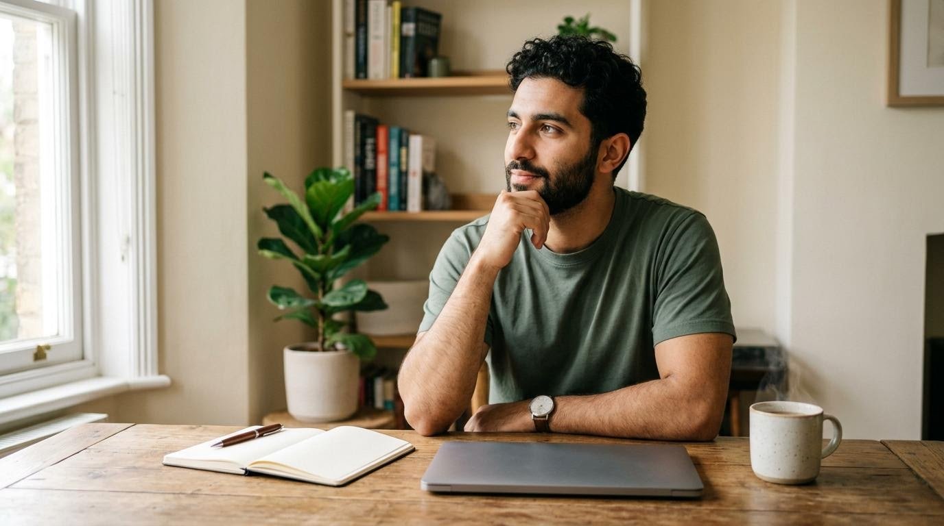 Middle Eastern man resting his chin on his hand at a desk, thinking about weight loss success stories questions