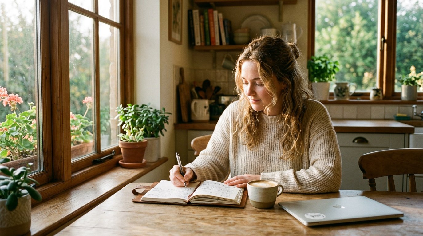 Young woman journaling weight loss tips for beginners at a sunlit kitchen table