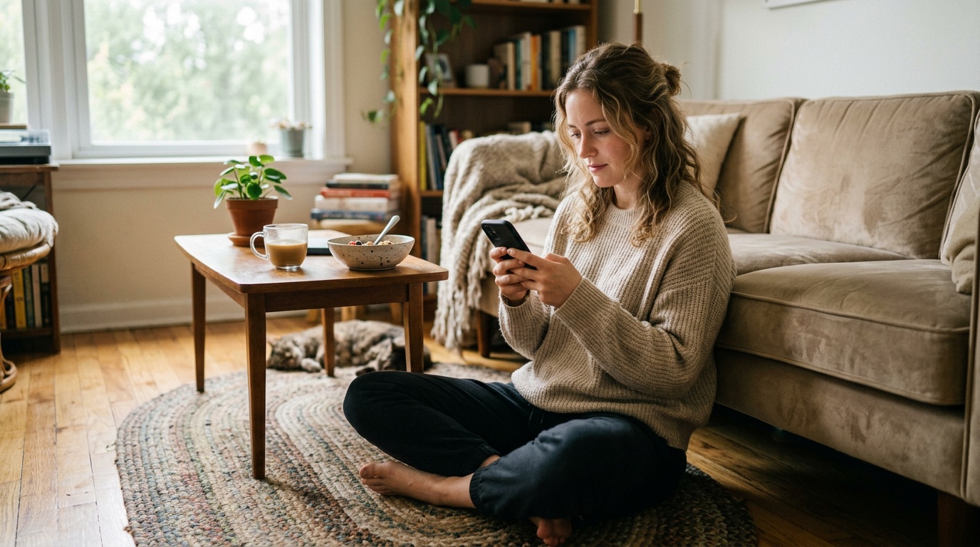 weight loss tips for beginners shown as a woman reviewing a cluttered list of diet plans at home