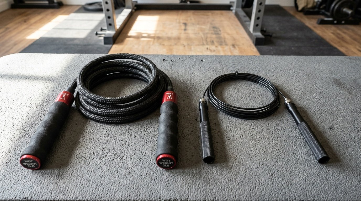 Side by side comparison of a weighted jump rope and a basic speed rope on a gym floor