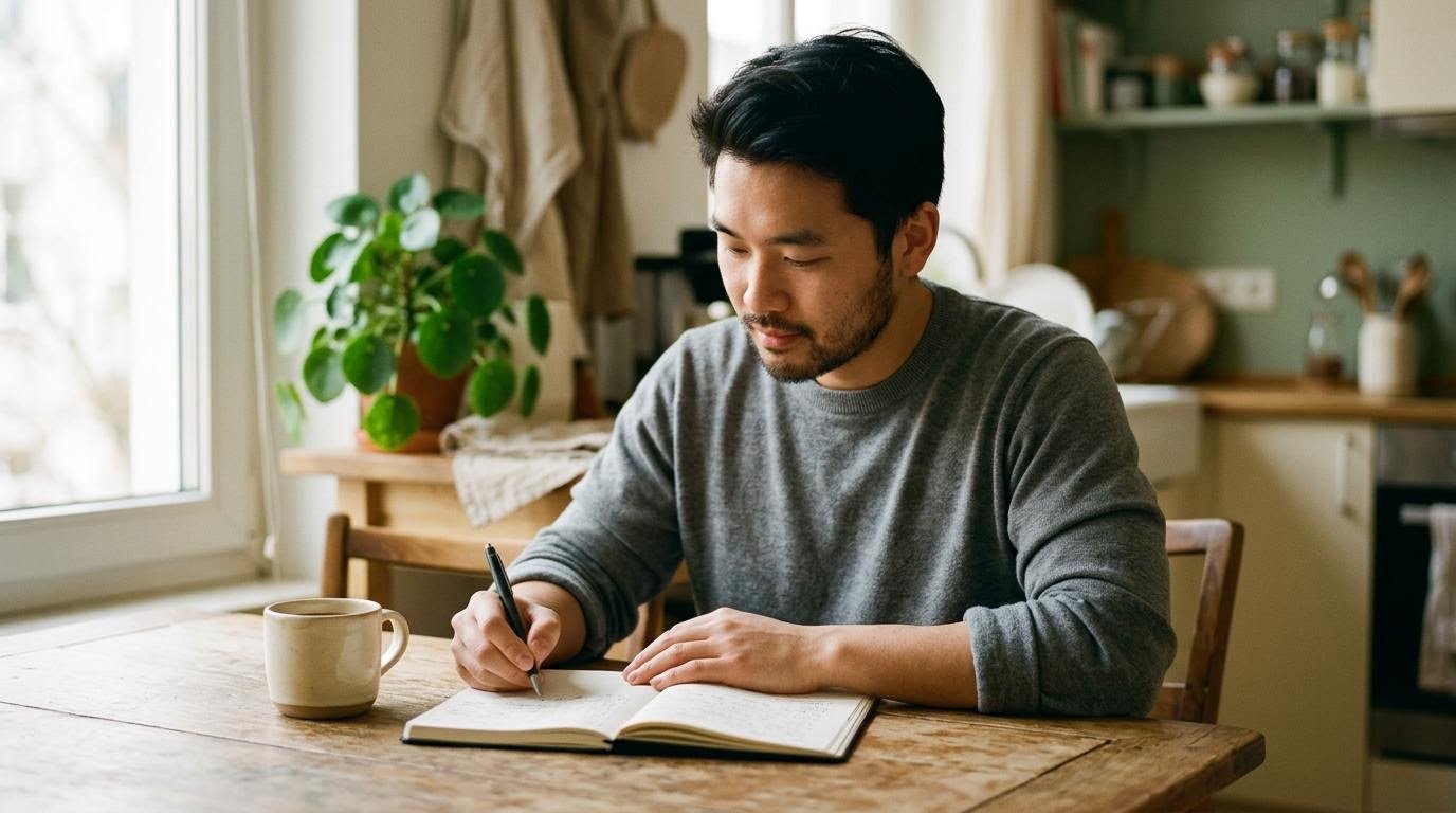 Young man writing in a notebook at a kitchen table while working out what are 5 ways to improve mental health