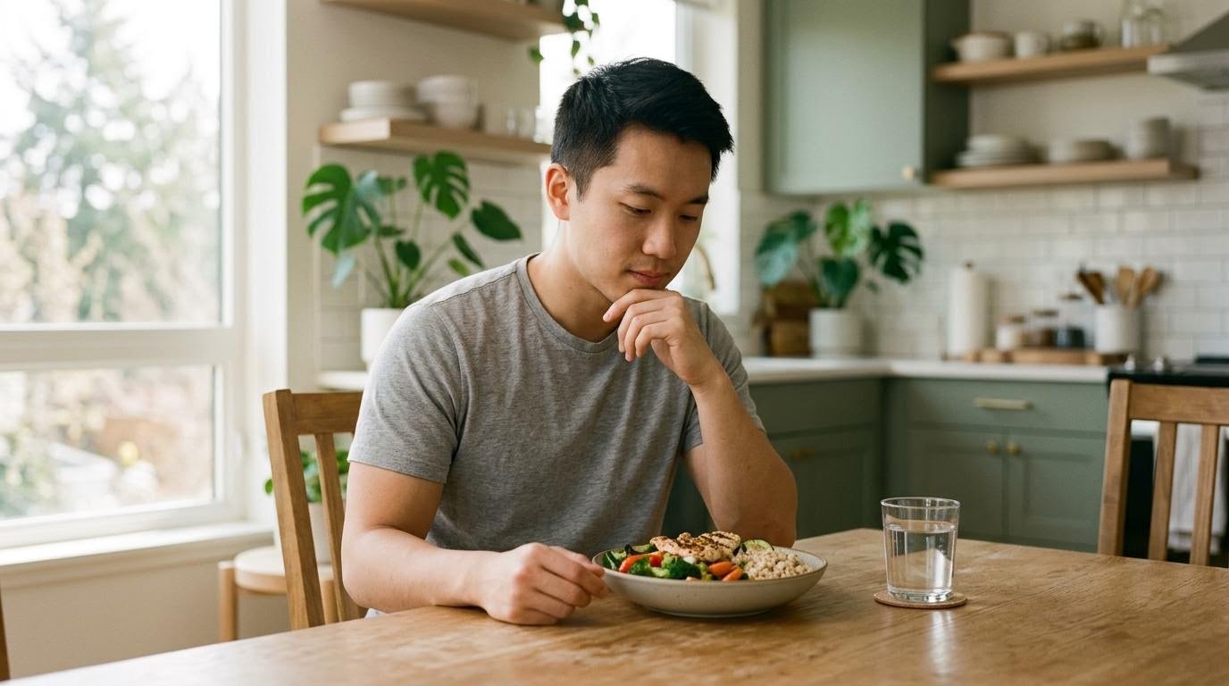 A young East Asian man considers what is a calorie deficit while looking at a balanced meal at his kitchen table