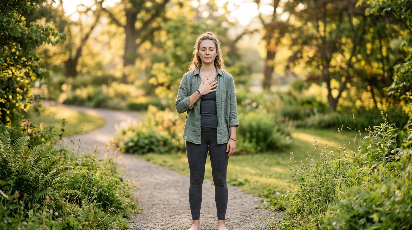 Young adult practicing a breathing exercise outdoors to calm anxiety-related nausea
