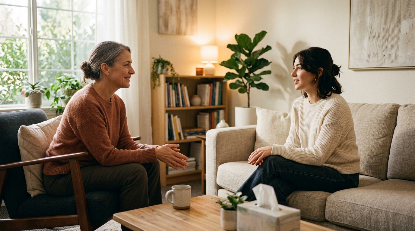 Person having a supportive conversation with a therapist about anxiety symptoms