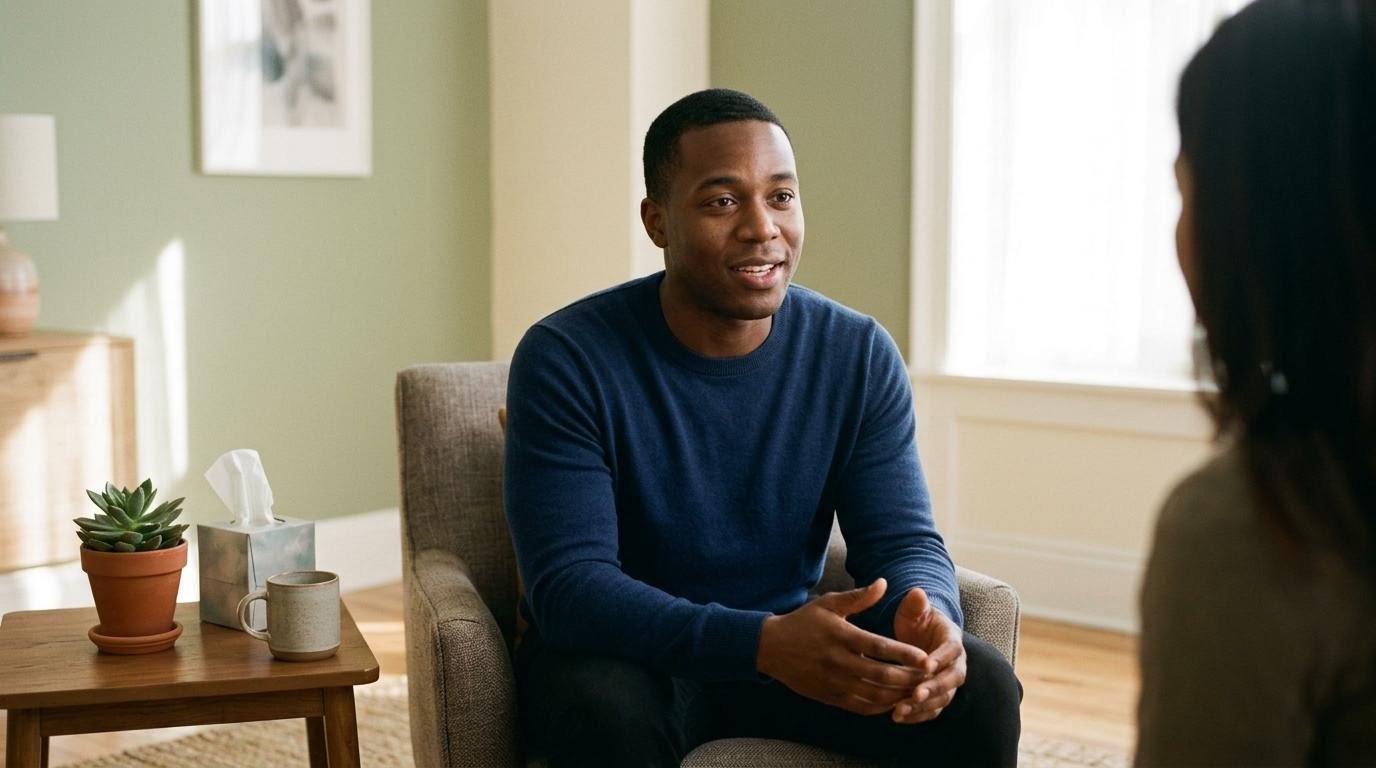 Young man talking openly with a counselor in a calm consultation room when self-help tips are not enough