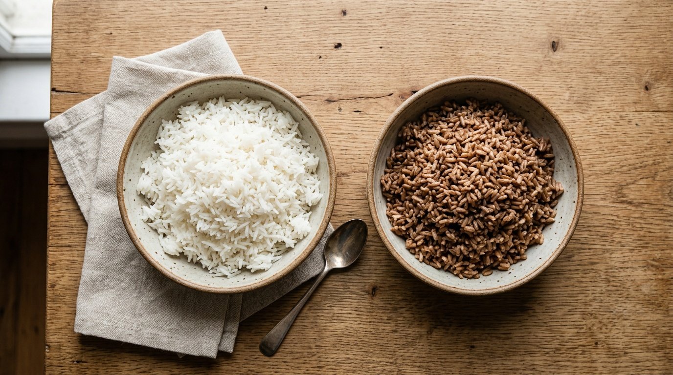 white rice vs brown rice side by side in bowls showing the visible difference in grain color and texture