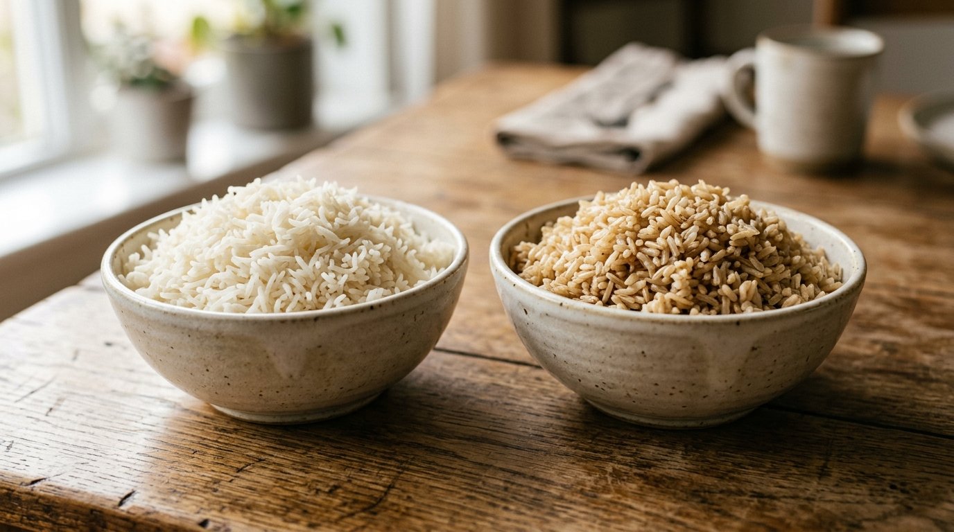 white basmati rice next to brown basmati rice bowls comparing fiber and weight loss benefits
