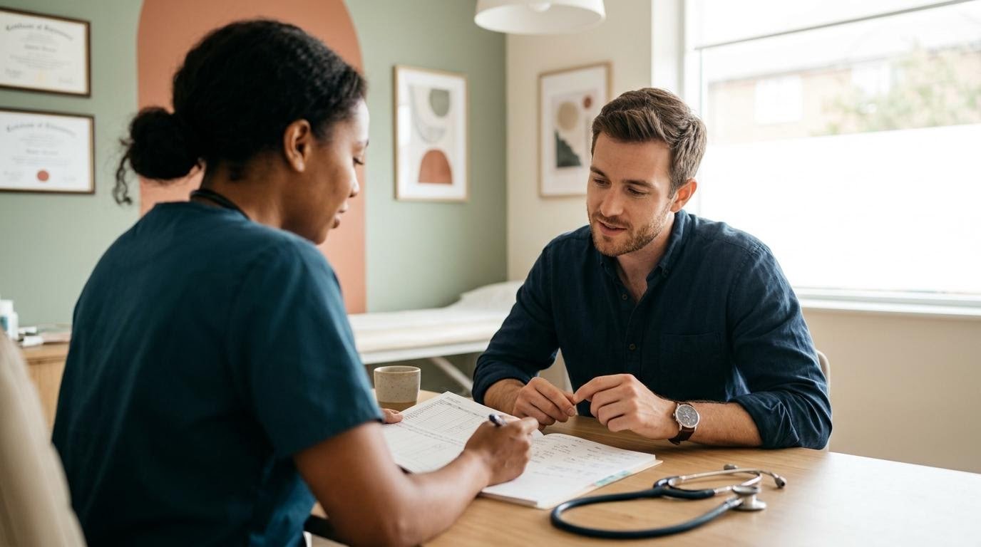 White American man talking with a doctor about whether intermittent fasting 16/8 is safe for him