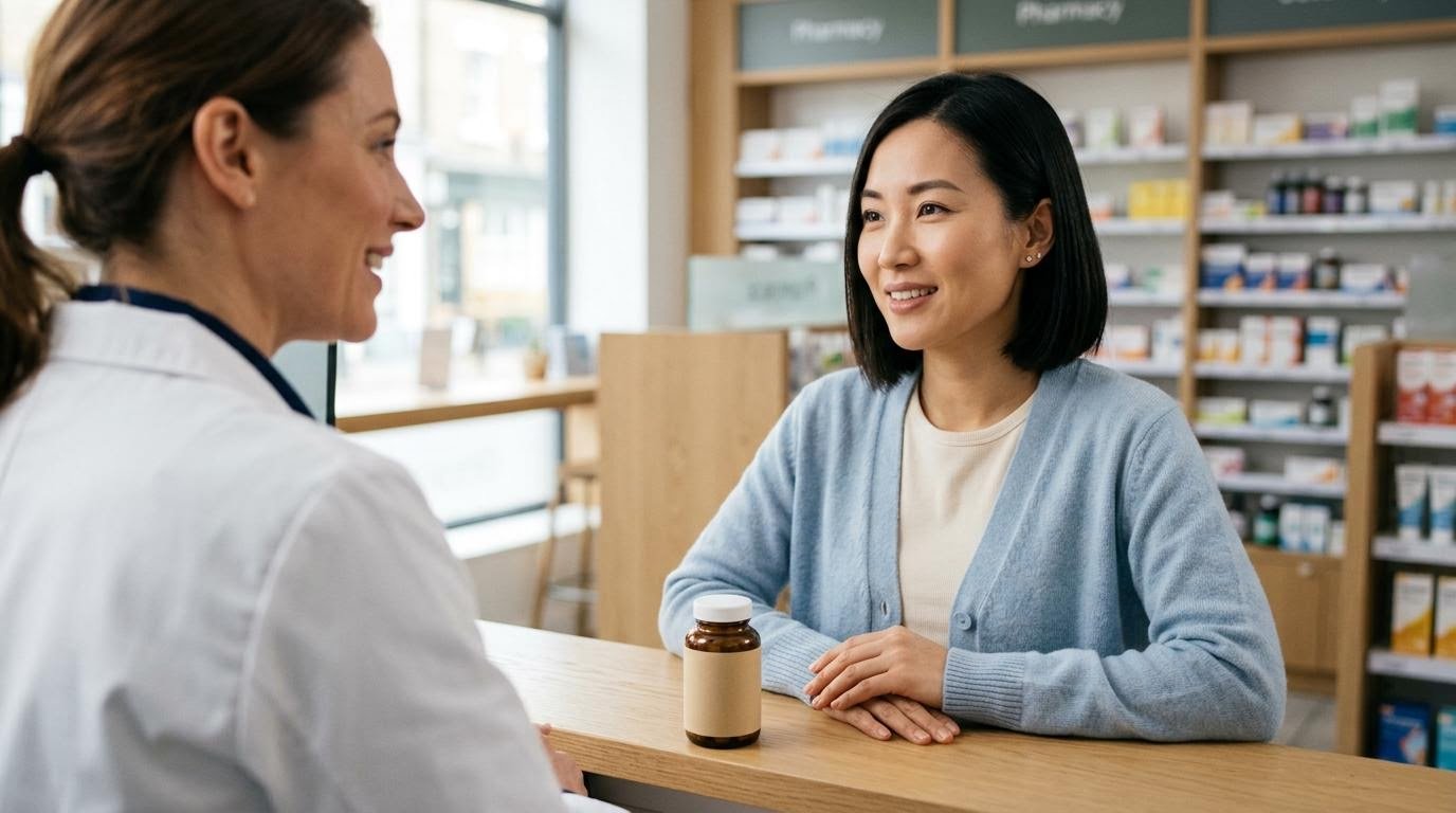 East Asian woman in her early 30s talking with a pharmacist across a counter about a supplement