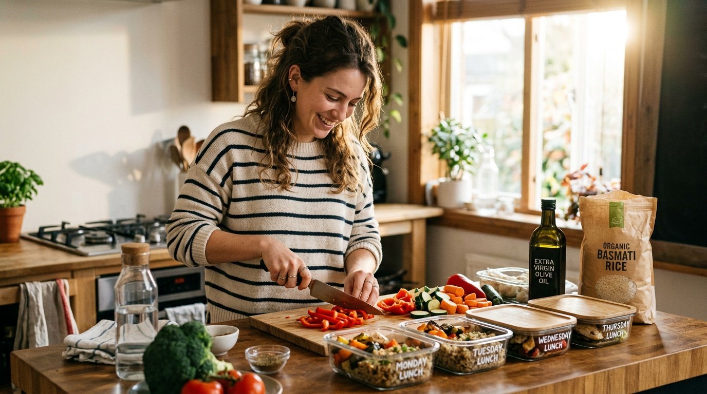 whole food diet meal prep showing an 80/20 approach with fresh produce and a few packaged staples on a counter