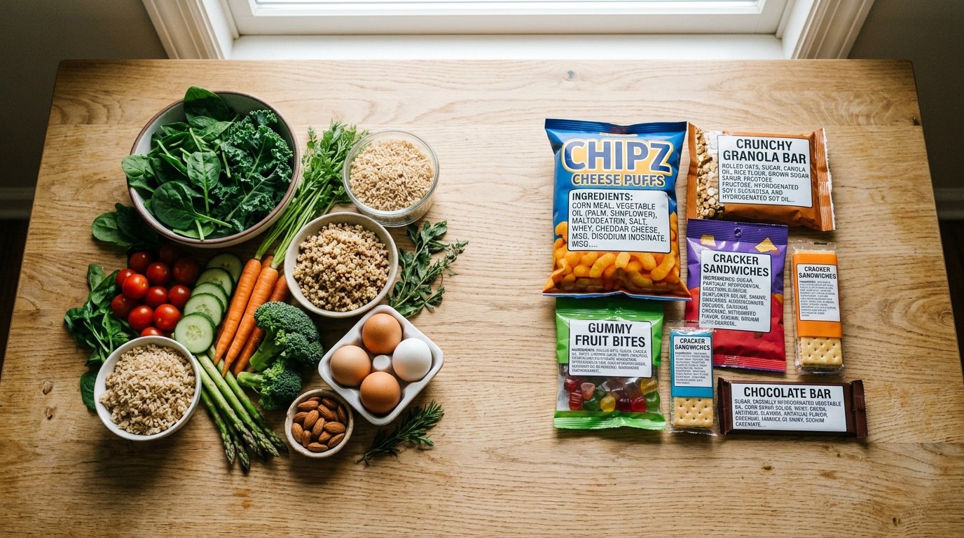 whole foods vs processed foods grocery comparison laid out side by side on a kitchen table