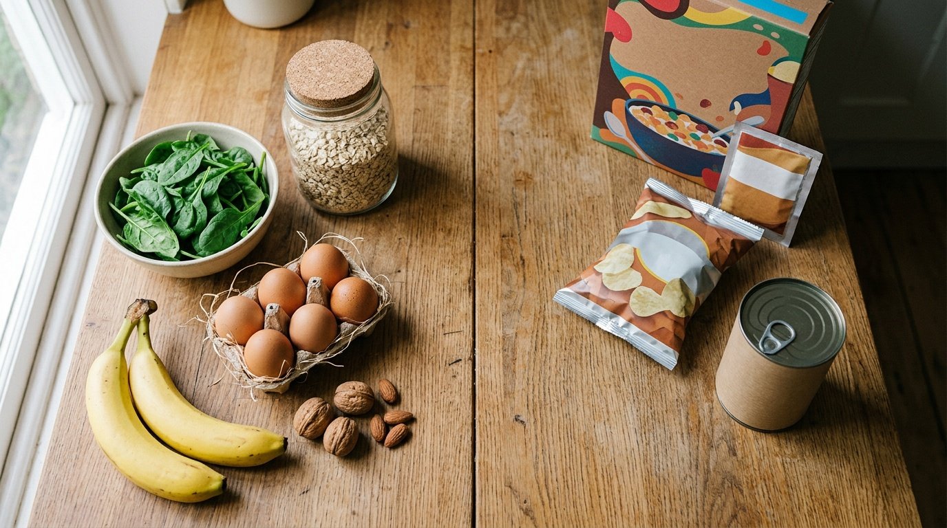 whole foods vs processed foods shown through a NOVA classification comparison of grocery items on a kitchen counter