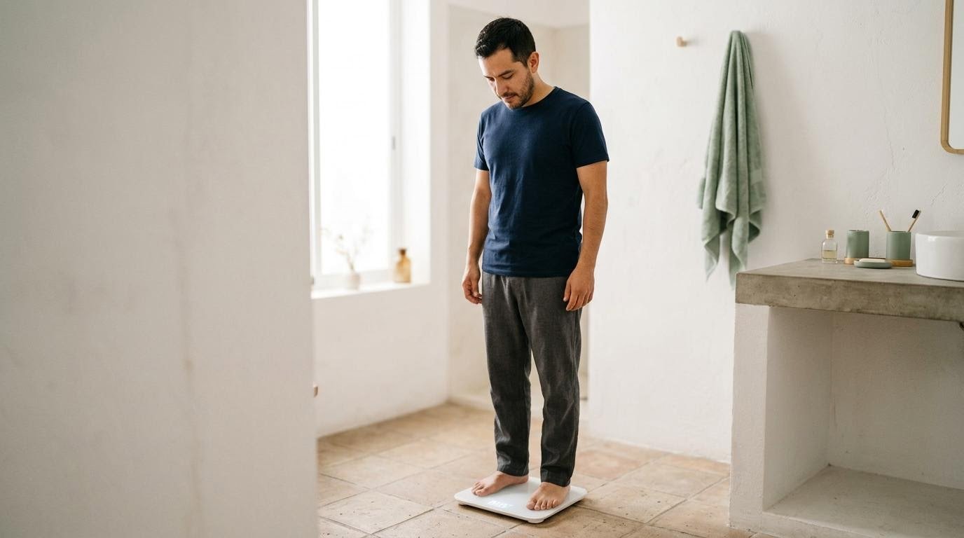 A man stepping onto a bathroom scale while thinking about why weight loss slows down