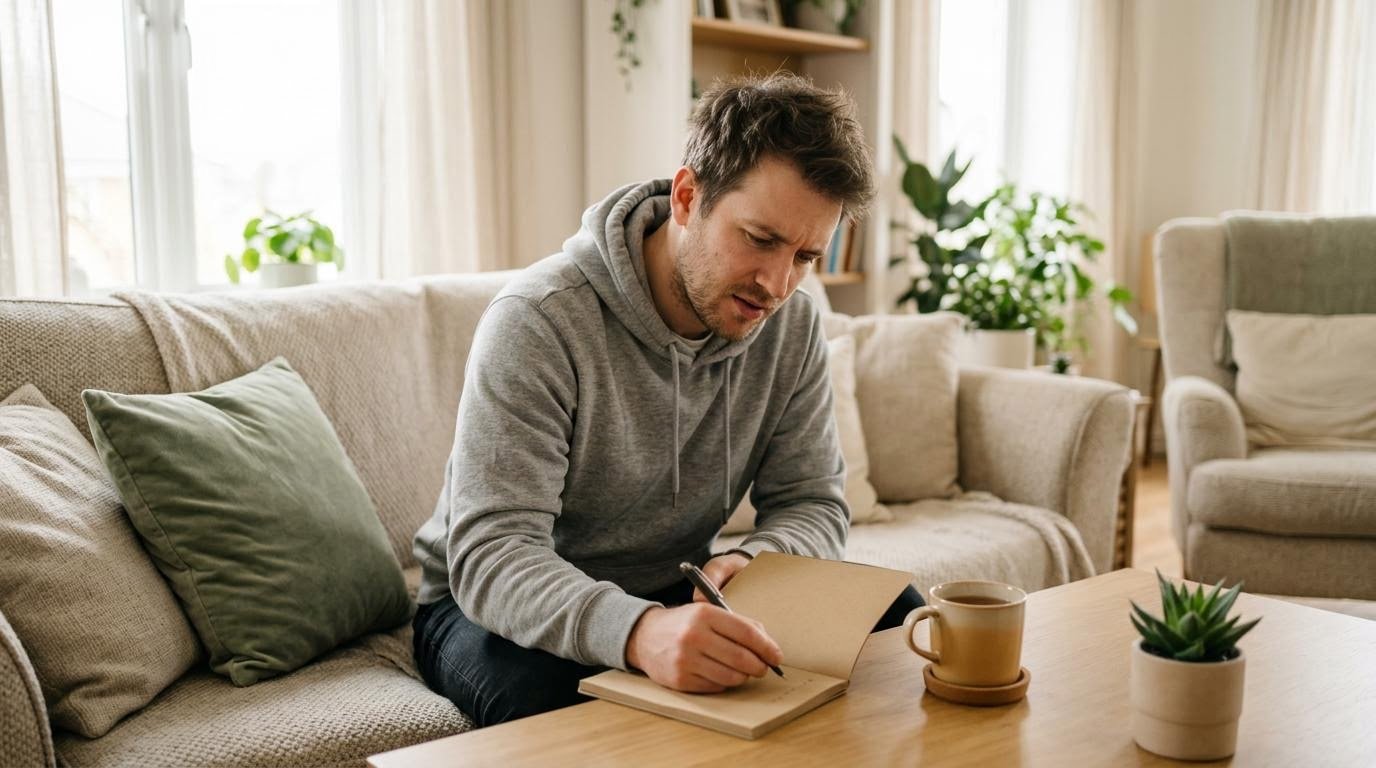 A man writing in a food journal to work out why he is not losing weight in a calorie deficit