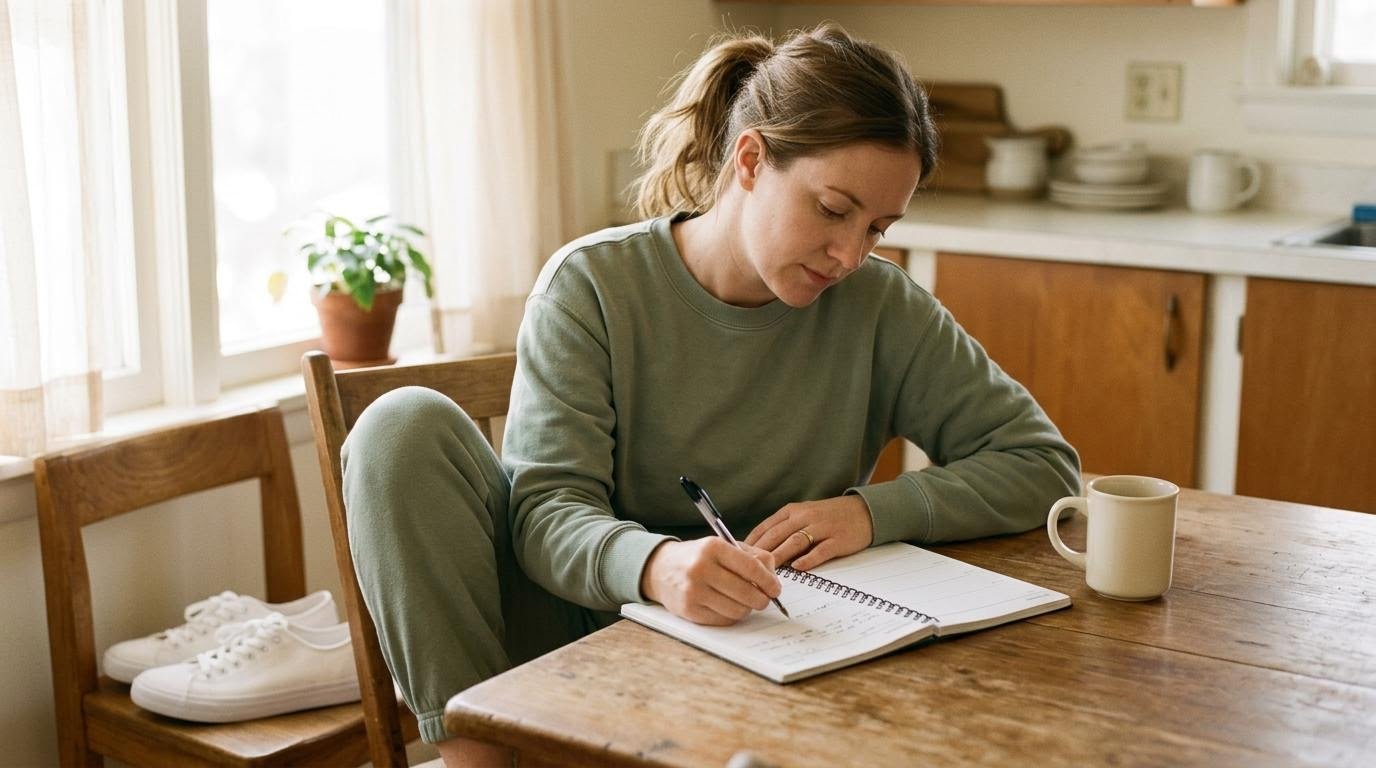 Woman writing a weekly workout for busy moms goal in a planner at a kitchen table
