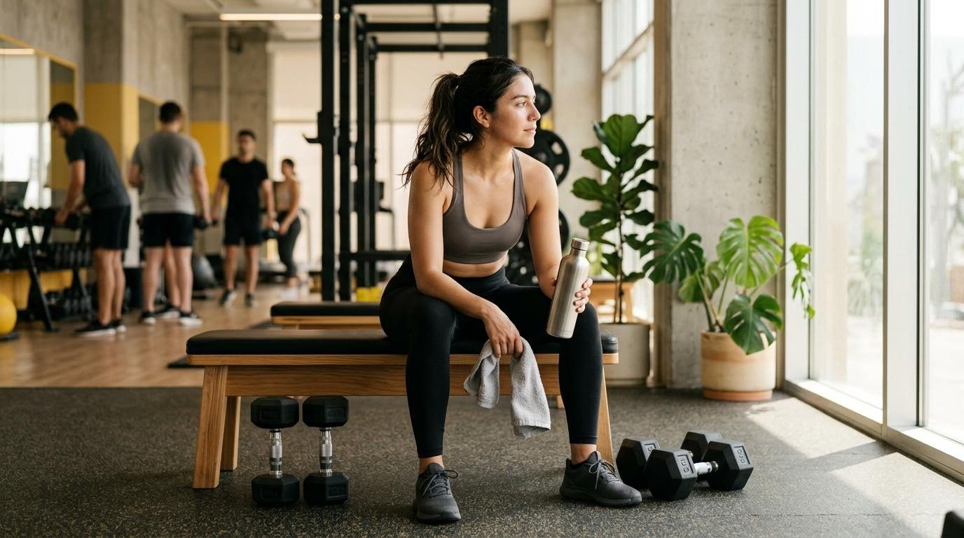 Woman resting between sets in a gym with a plain steel water bottle for workout hydration
