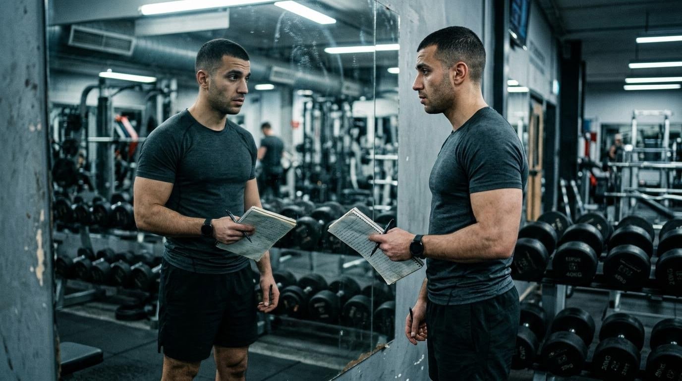 Man reviewing his workout log to better target specific muscle groups in the gym