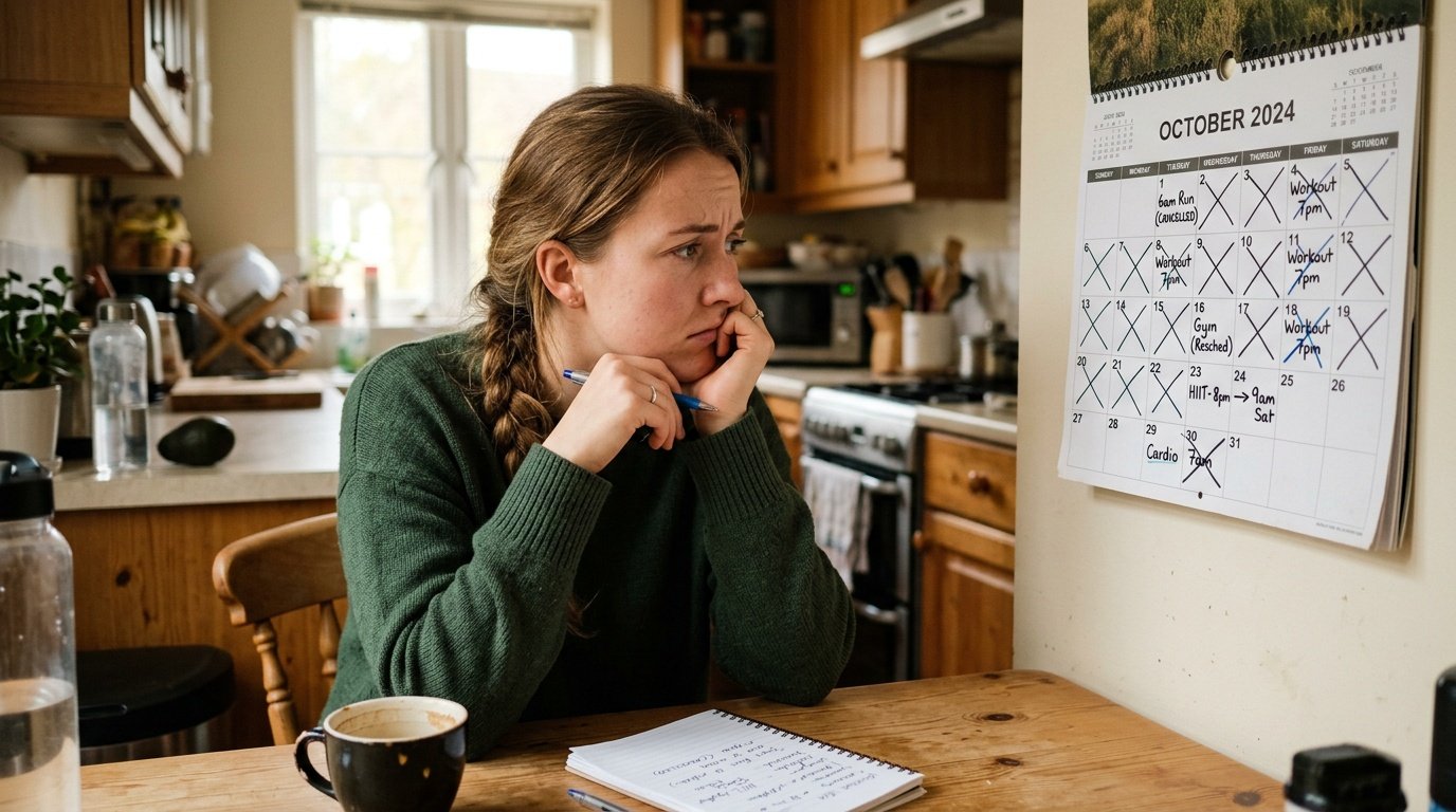 person looking frustrated at a calendar showing an inconsistent workout schedule