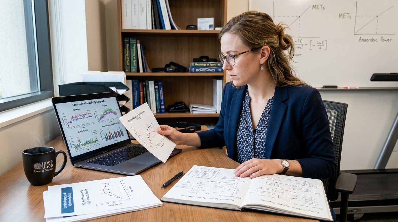 researcher reviewing exercise timing study data on a laptop in a lab setting